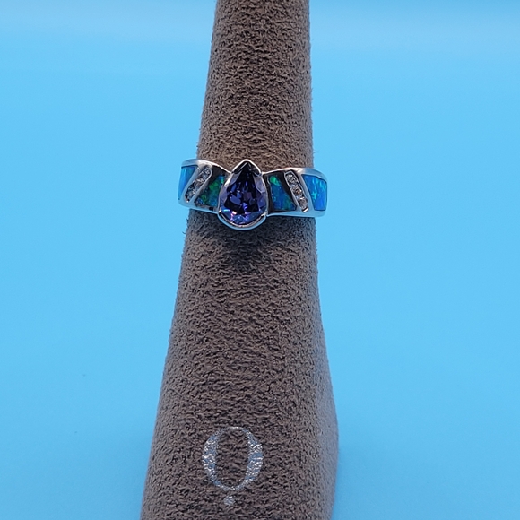 New Sterling Silver Lab created Blue Opal and Tanzanite ring Size 5.75